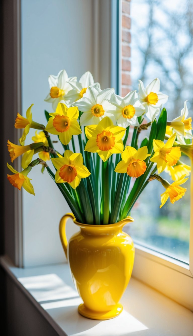 A bright and cheerful bouquet of daffodils and other spring flowers arranged in a vase, with sunlight streaming in through a nearby window