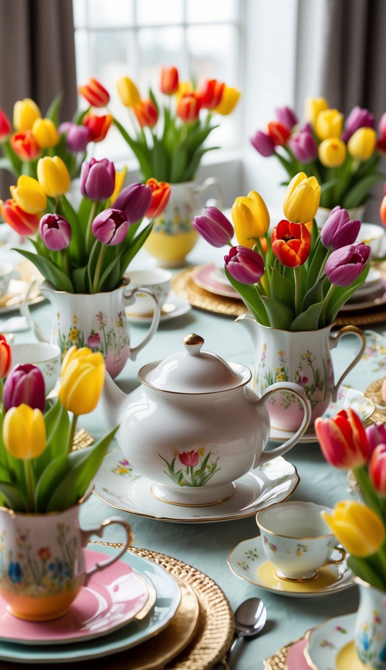 A table set with a teapot, cups, and saucers surrounded by a variety of colorful tulip flower arrangements in Easter-themed vases