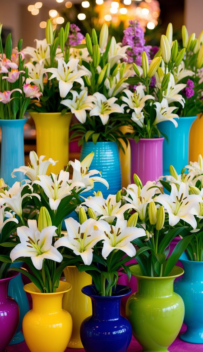 A vibrant display of lilies and other spring flowers arranged in a variety of colorful vases, creating a stunning Easter-themed floral arrangement