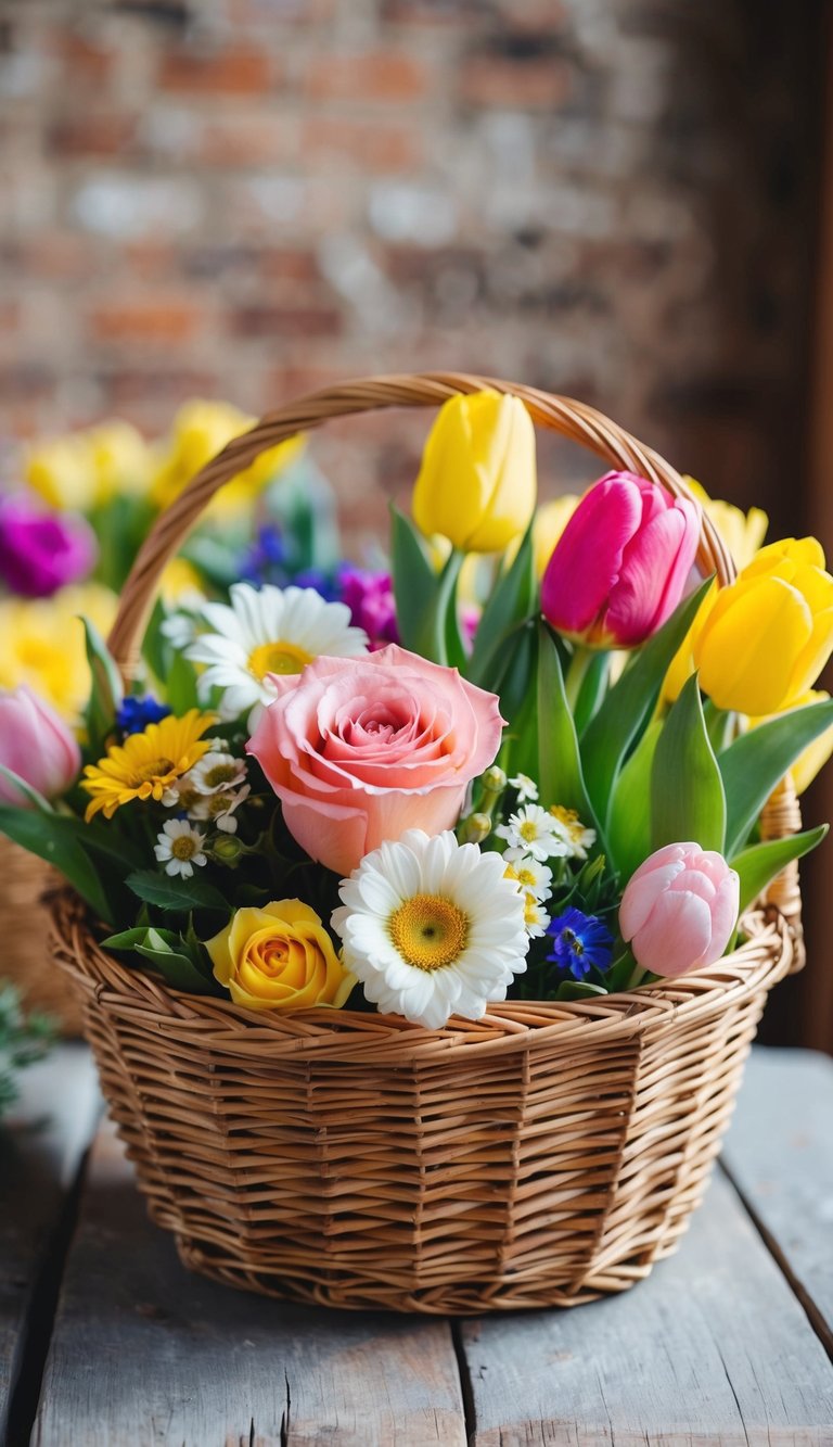 A wicker basket filled with vibrant spring flowers, including roses, daisies, and tulips, arranged in a rustic and charming style