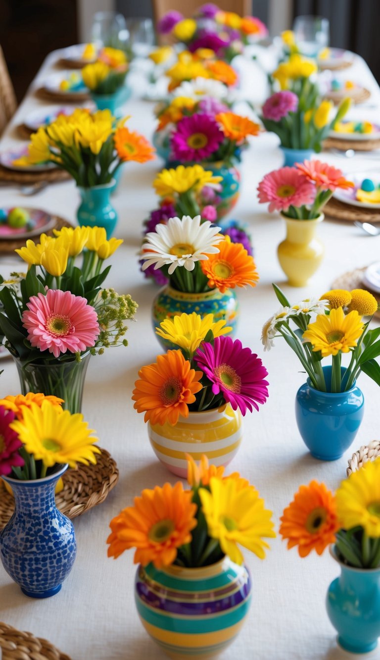 A table adorned with 10 vibrant Easter flower arrangements, featuring daisies and other seasonal blooms in an array of colorful vases