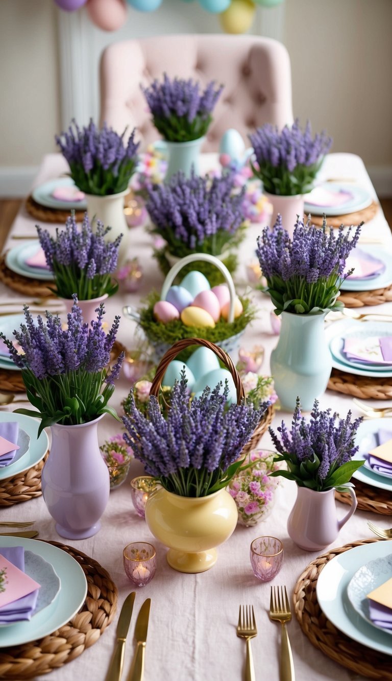 A table adorned with ten Easter flower arrangements featuring lavender blooms in various vases and baskets, surrounded by pastel-colored decorations
