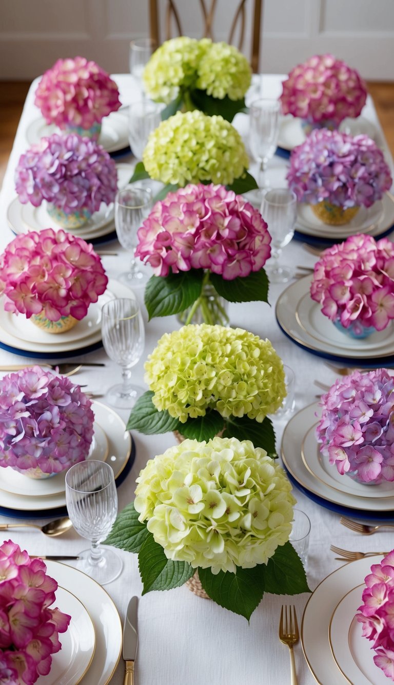 A table adorned with ten Easter flower arrangements, featuring vibrant hydrangeas in a harmonious display of color and beauty