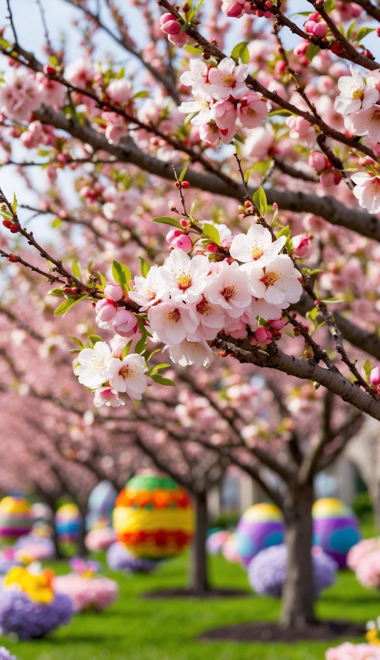 A colorful parade of peach blossom branches and Easter flower arrangements in full bloom