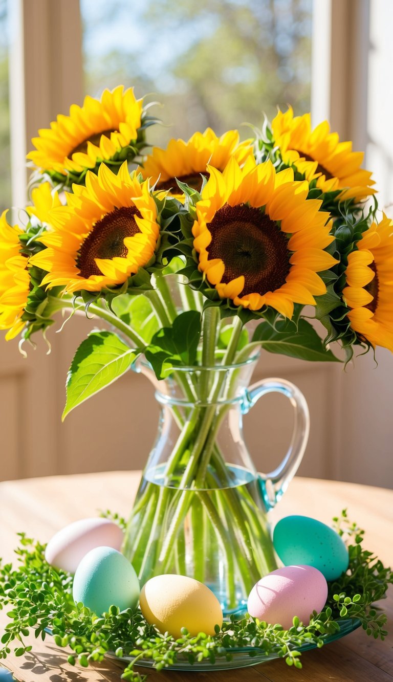A vibrant sunflower bouquet sits in a glass vase, surrounded by pastel-colored Easter eggs and fresh green foliage, bathed in the warm springtime sunlight