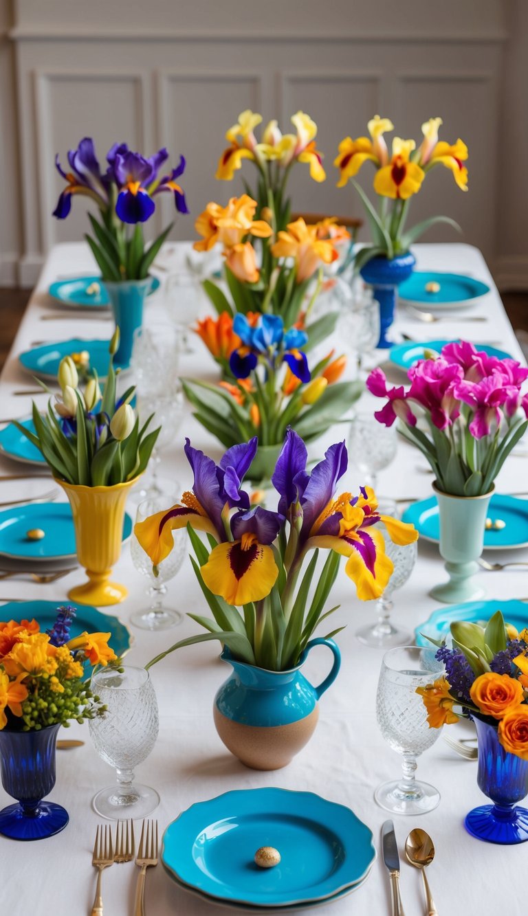 A table adorned with ten colorful Easter flower arrangements, featuring vibrant irises and seasonal blooms in various vases and containers