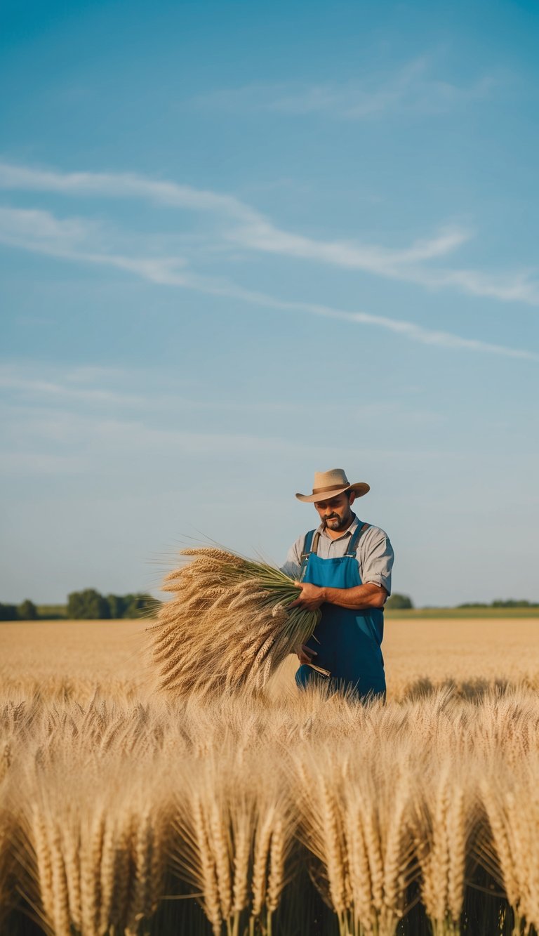 A farmer gathers wheat bundles in a golden field under a clear blue sky