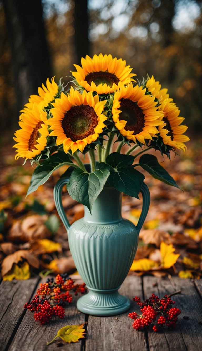 A vintage vase holds bright sunflowers, surrounded by autumn foliage and berries