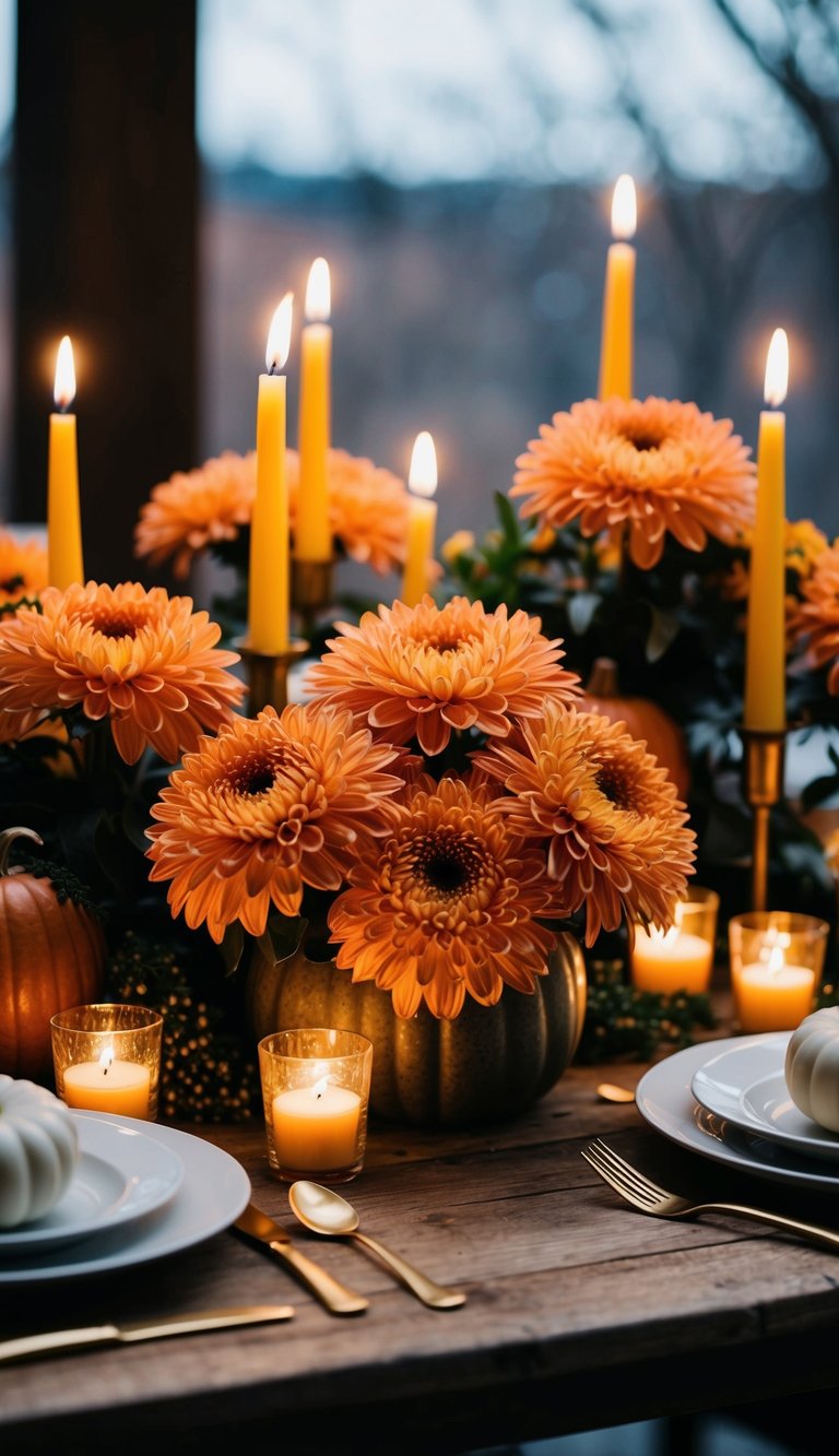 A table adorned with candlelit chrysanthemums in a rustic Thanksgiving flower arrangement