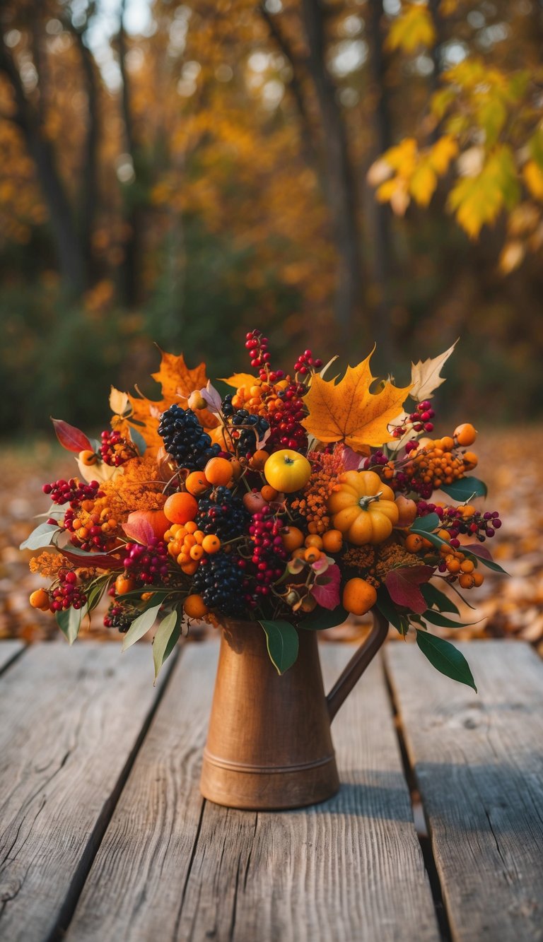 A rustic wooden table adorned with a vibrant bouquet of autumn berries, leaves, and flowers in warm hues, set against a backdrop of fall foliage