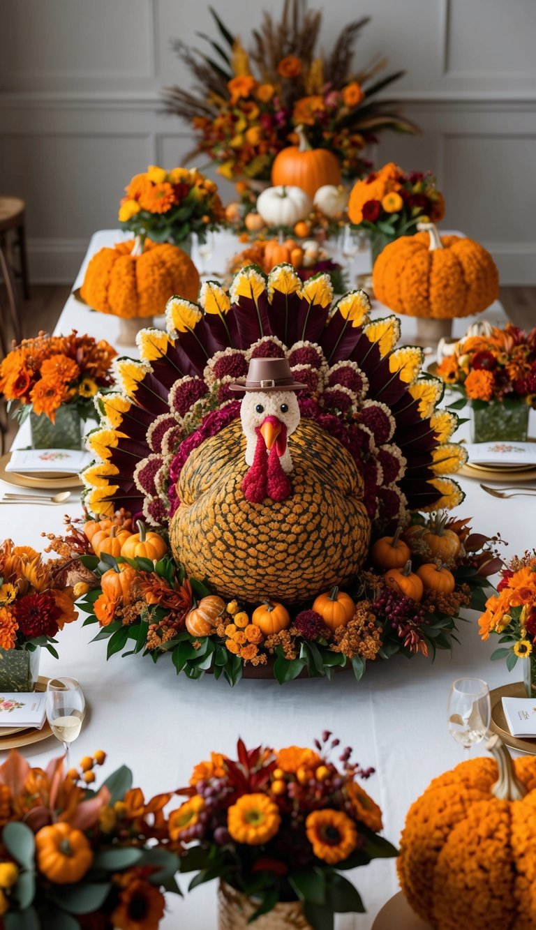 A large floral arrangement in the shape of a turkey, with vibrant fall-colored flowers and foliage, set on a table surrounded by nine other Thanksgiving-themed flower arrangements