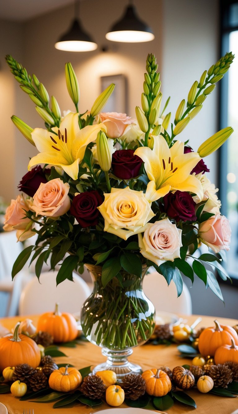 A vase filled with a mix of elegant roses and lilies, arranged in a Thanksgiving-themed floral display