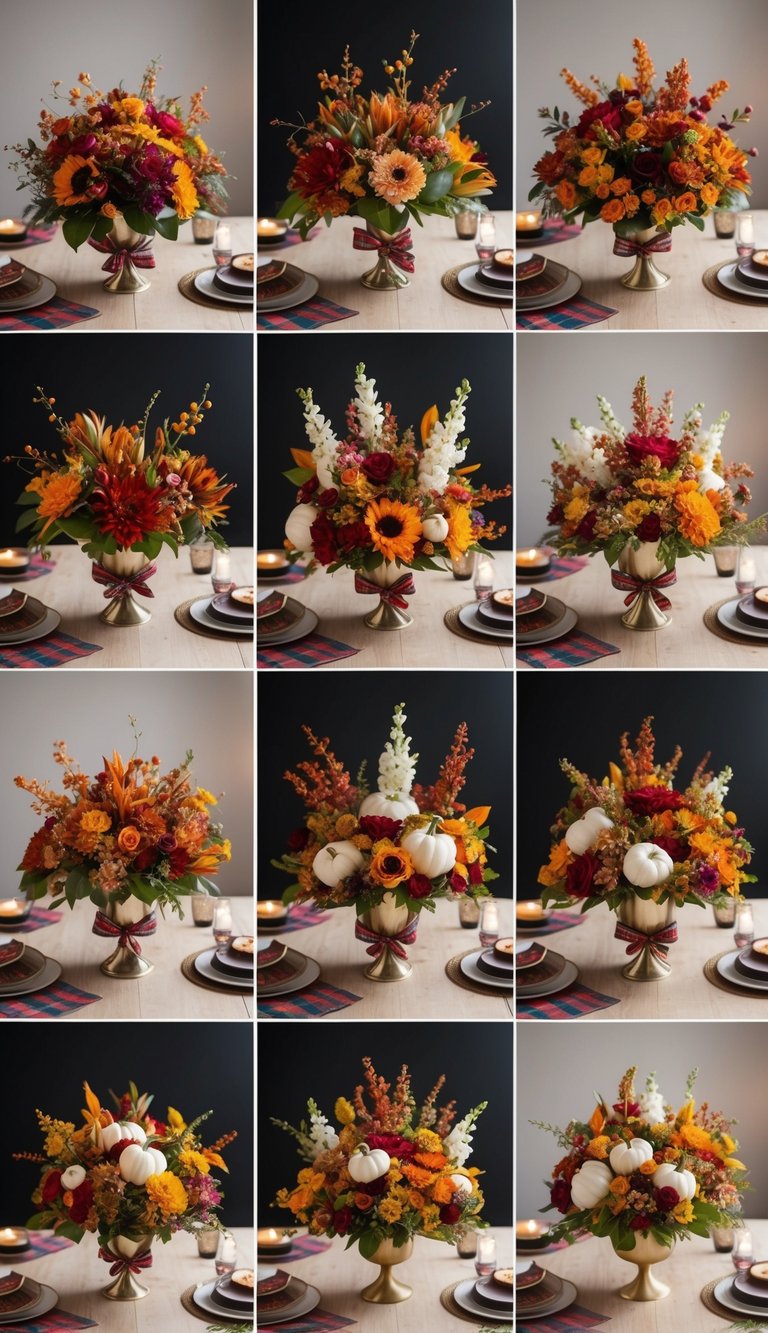 A table with ten Thanksgiving flower arrangements, each adorned with plaid ribbon accents and featuring a variety of colorful florals