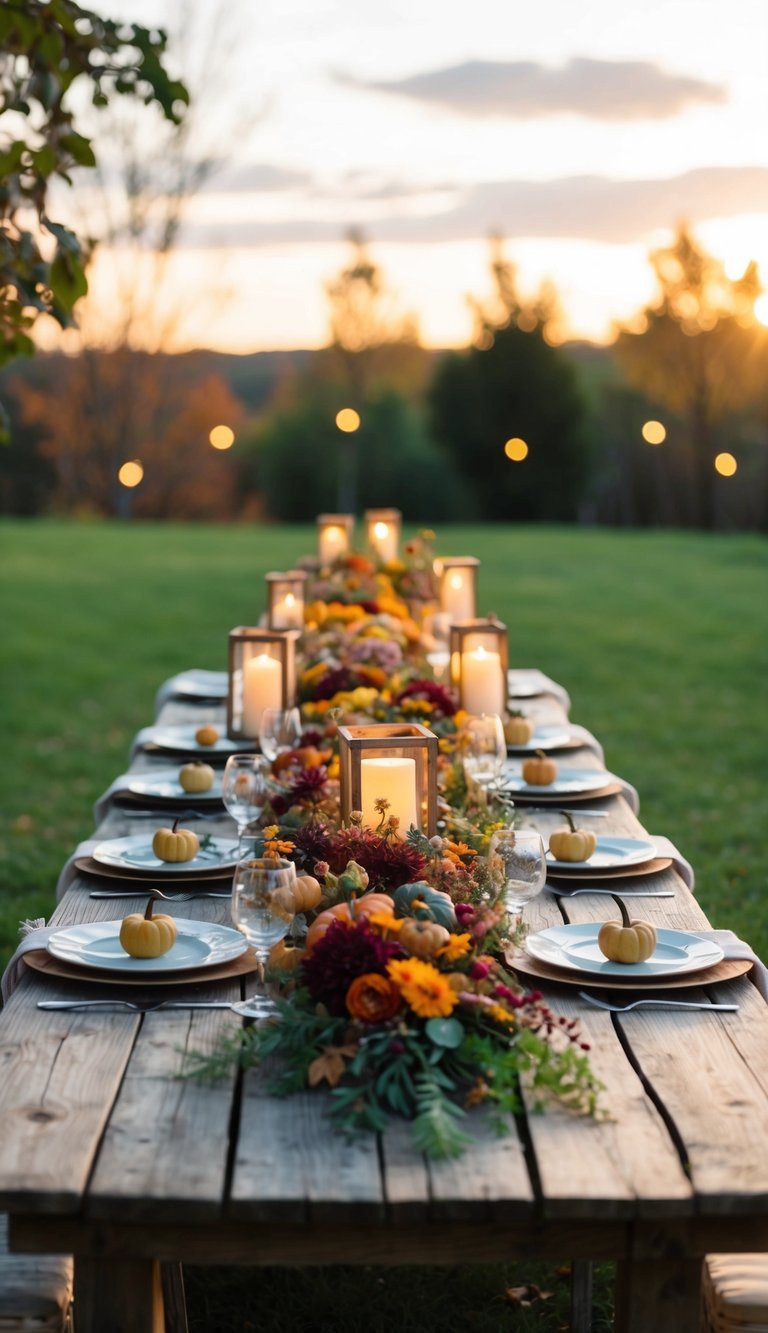 A rustic wooden table adorned with a variety of autumnal flowers and foliage, illuminated by softly glowing lanterns as the sun sets