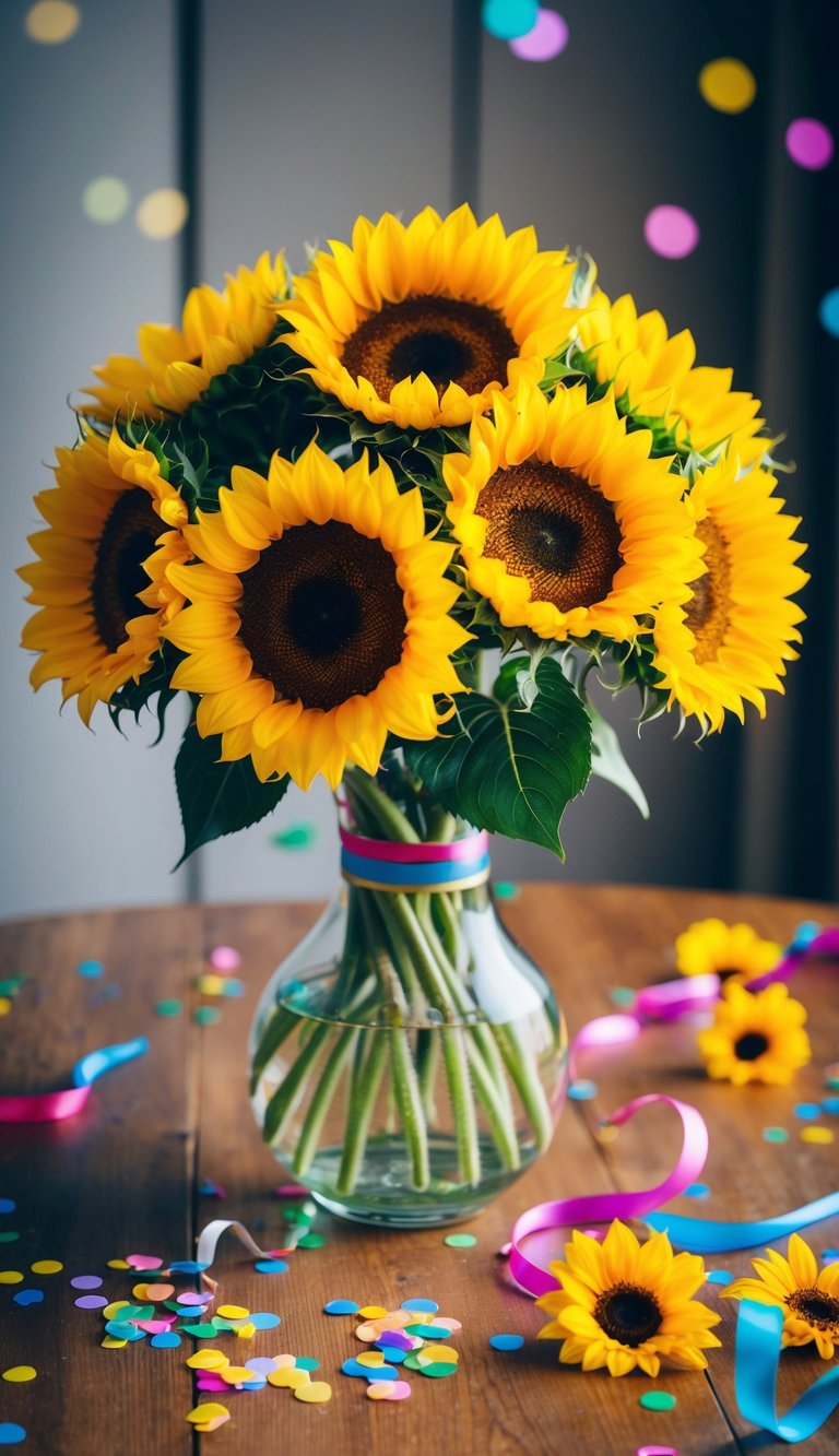 A bright bouquet of sunflowers in a glass vase on a wooden table, with colorful ribbons and confetti scattered around