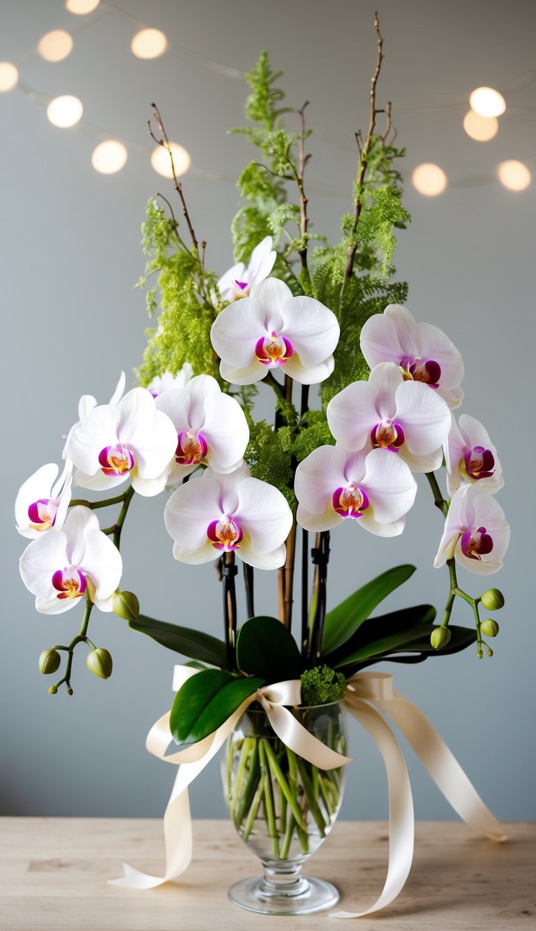 A bouquet of elegant orchids arranged in a glass vase with delicate greenery and ribbon accents