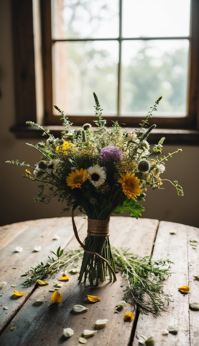 A rustic wildflower bouquet sits on a weathered wooden table, surrounded by scattered petals and greenery. Sunlight filters through a nearby window, casting a warm glow on the delicate blooms