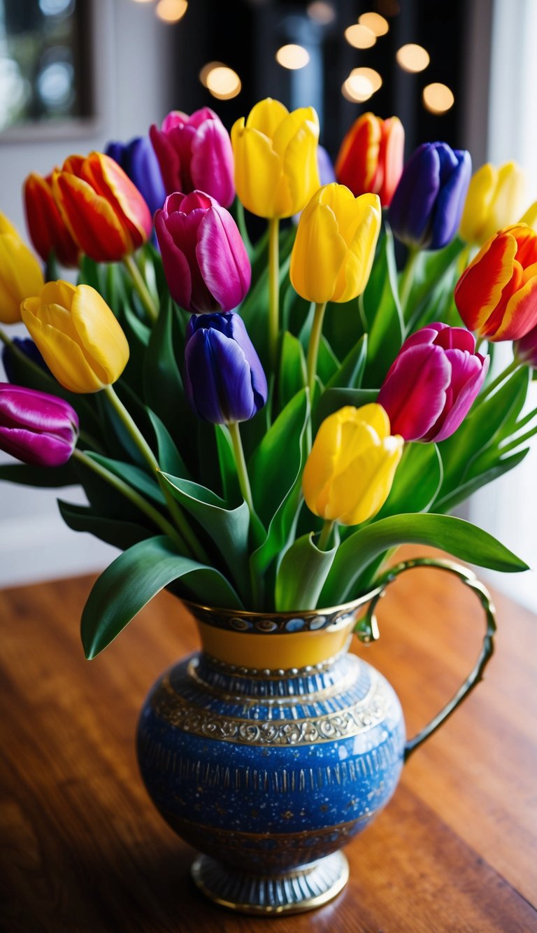 A vibrant bouquet of tulips in a rainbow of colors arranged in a decorative vase for a birthday celebration