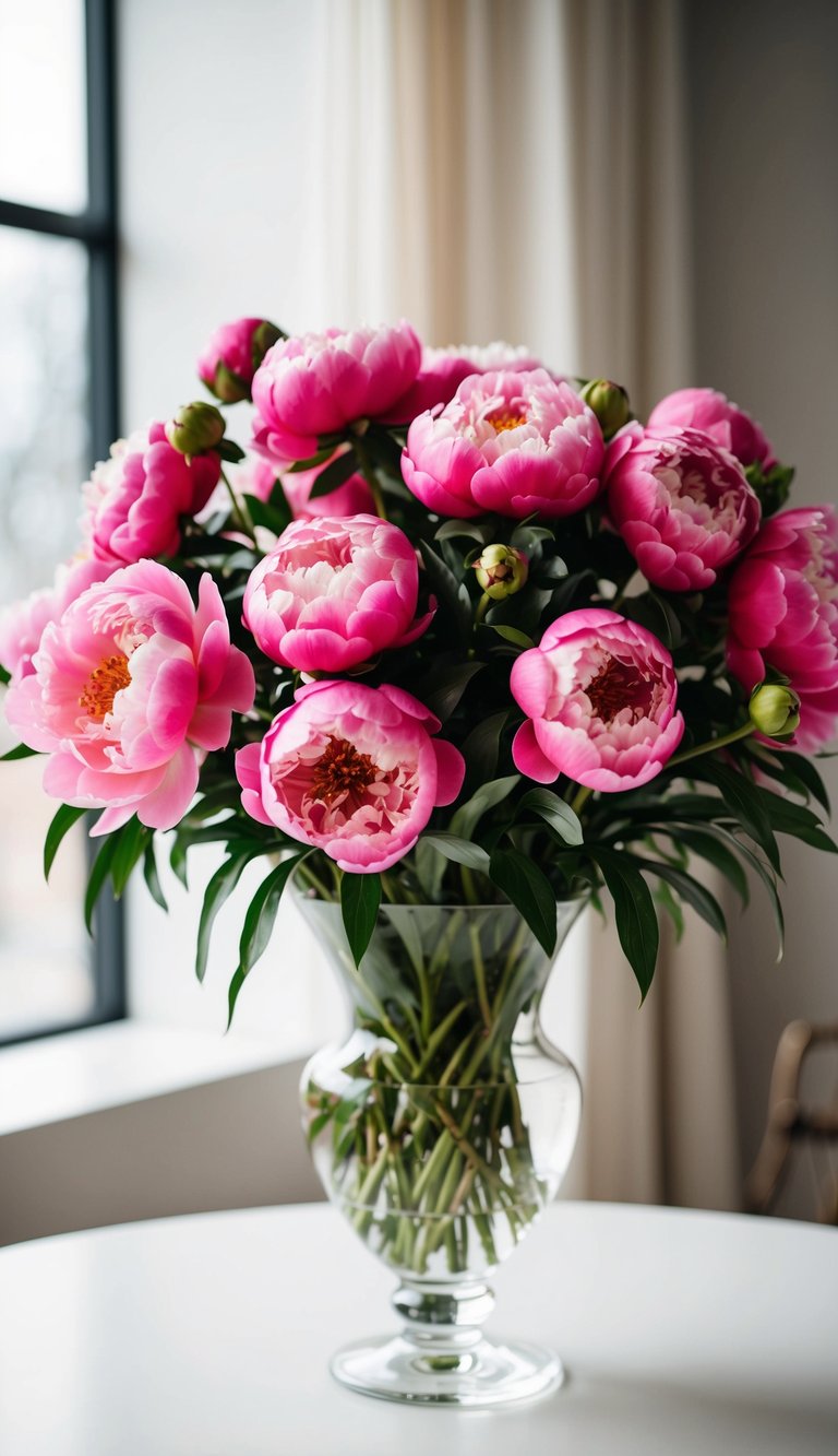 A vibrant bouquet of peony pink flowers arranged in a glass vase on a white table