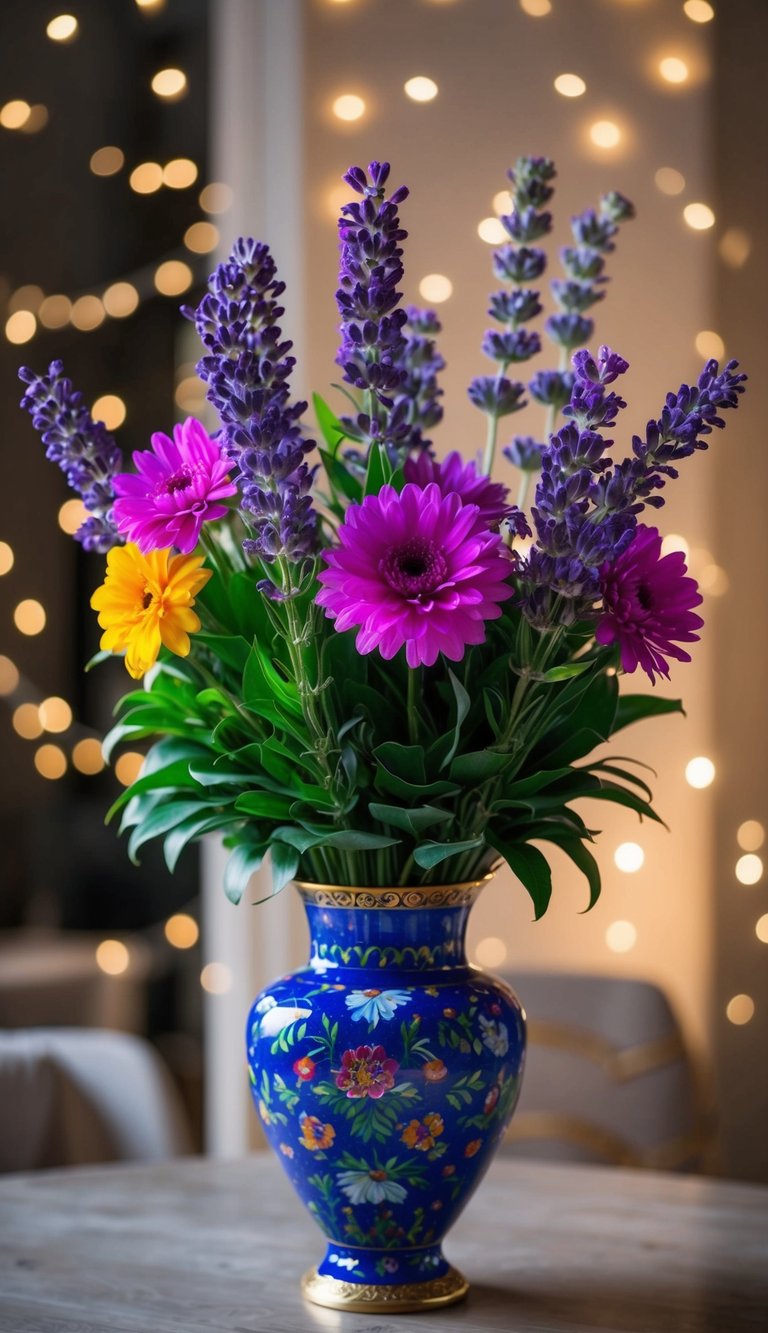 A bouquet of fresh lavender and other vibrant flowers arranged in a decorative vase, emitting a pleasant and fragrant aroma