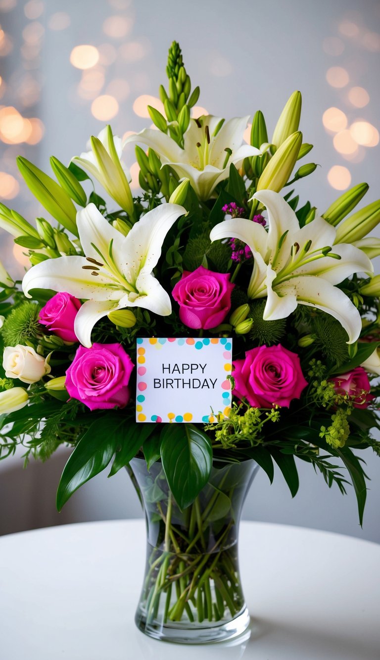 A vibrant bouquet of lilies, roses, and greenery arranged in a glass vase, with a birthday card nestled among the flowers