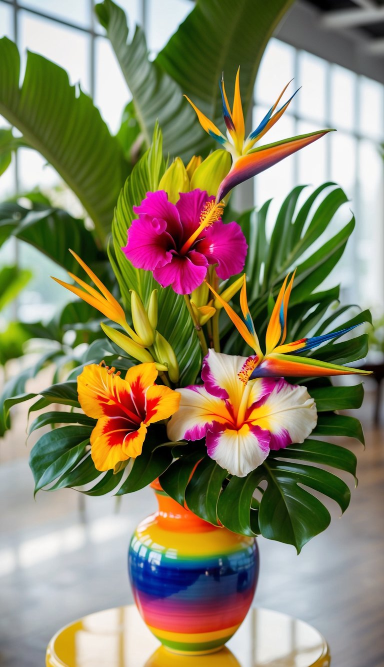 A vibrant bouquet of tropical flowers, including hibiscus, orchids, and bird of paradise, arranged in a colorful vase with lush green foliage