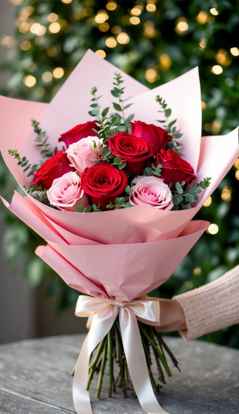 A hand-tied bouquet of red and pink roses, accented with greenery, wrapped in soft pink paper and tied with a satin ribbon