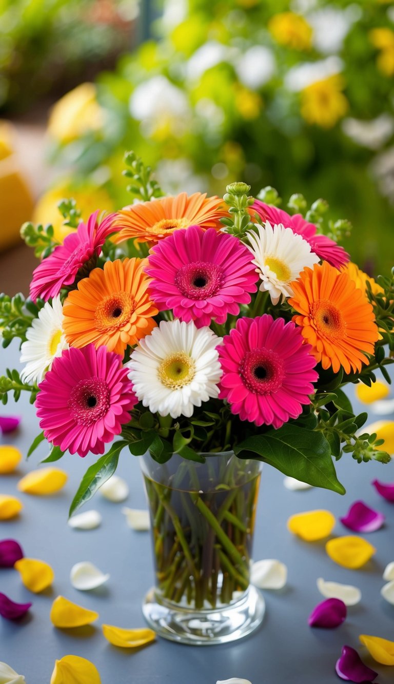 A vibrant bouquet of colorful gerbera daisies arranged in a glass vase, surrounded by scattered petals and green foliage