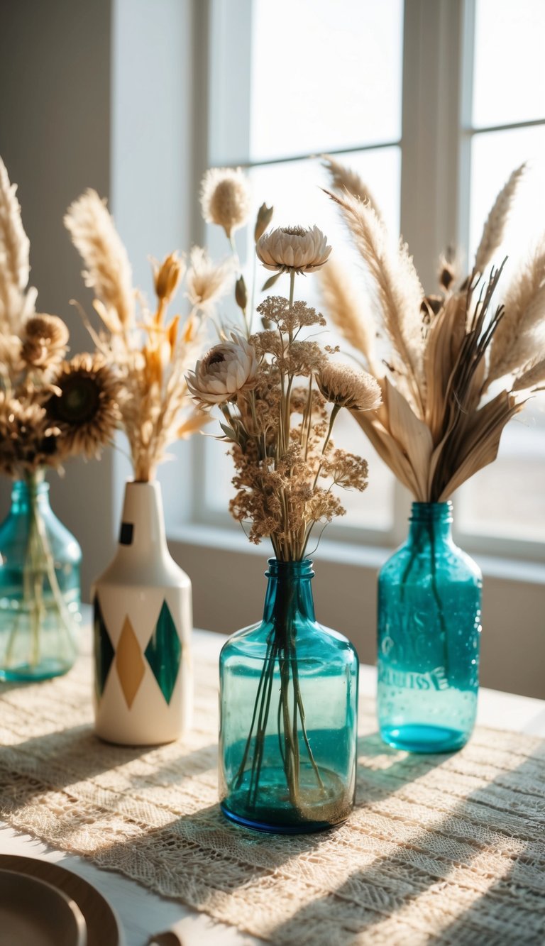 A table adorned with boho dried flower arrangements in mismatched vases and jars. Sunlight filters through the window, casting a warm glow on the delicate petals and stems