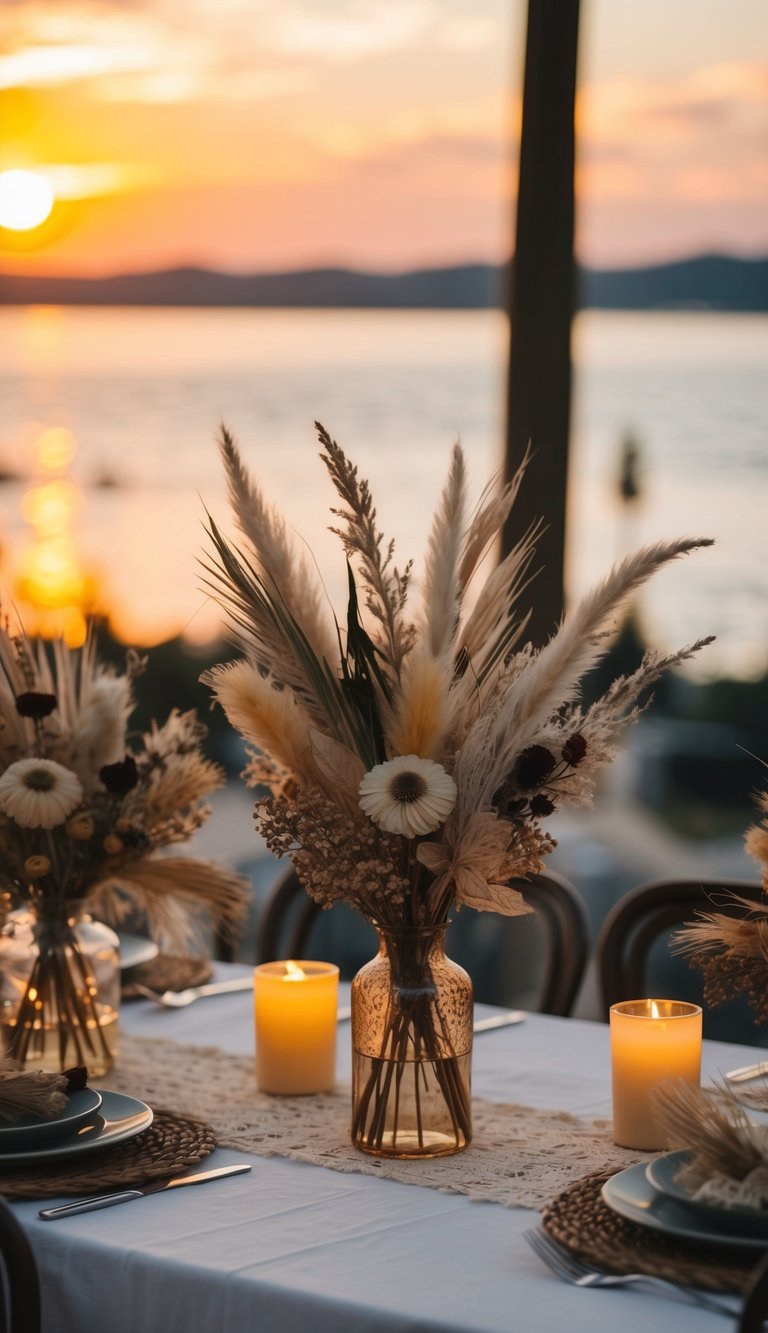 A table adorned with boho dried flower arrangements basking in the warm glow of a sunset serenade