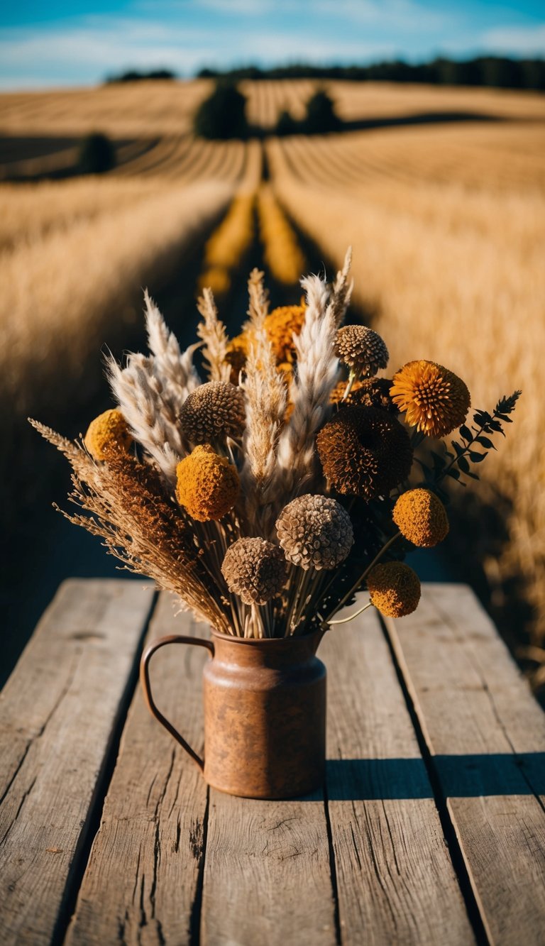 A rustic table adorned with an assortment of dried flowers in warm, earthy tones, set against a backdrop of golden fields and blue skies