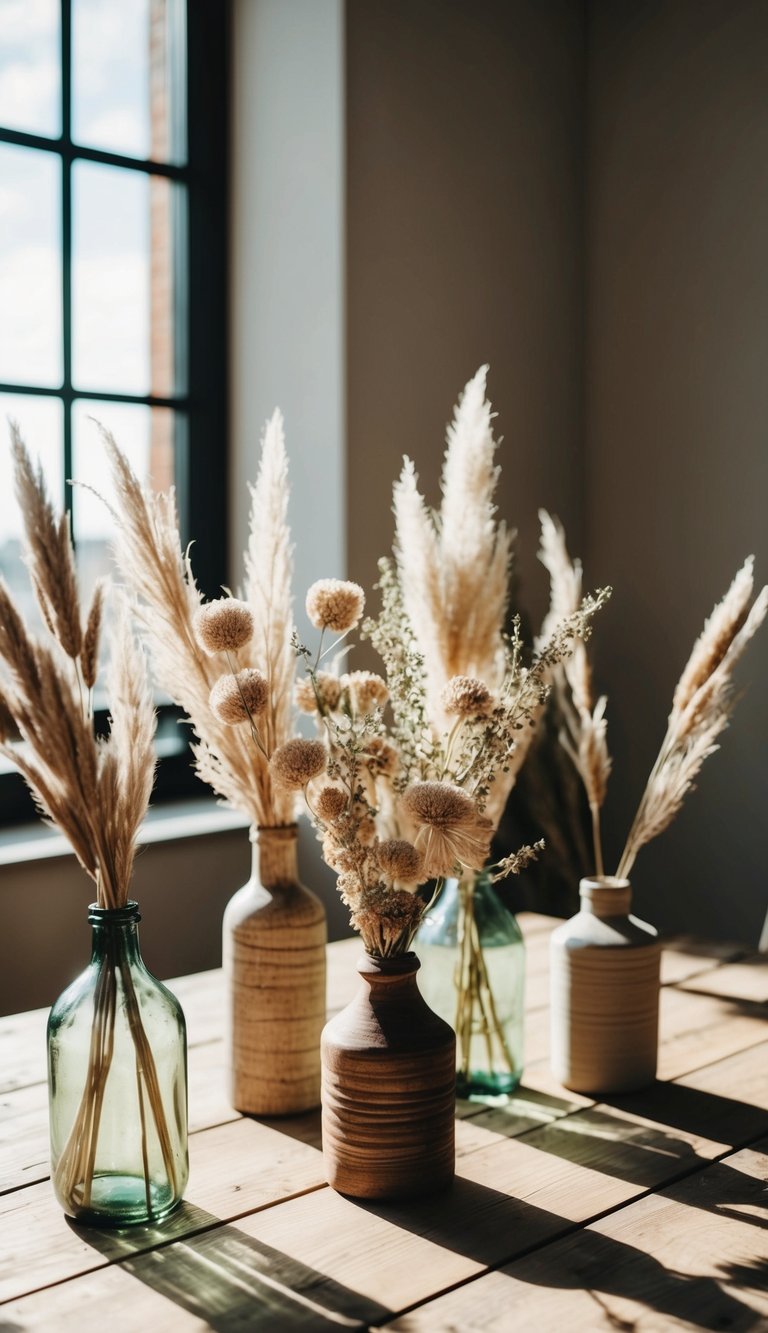 A wooden table adorned with boho dried flower arrangements in rustic vases and jars. Sunlight filters through the window, casting soft shadows
