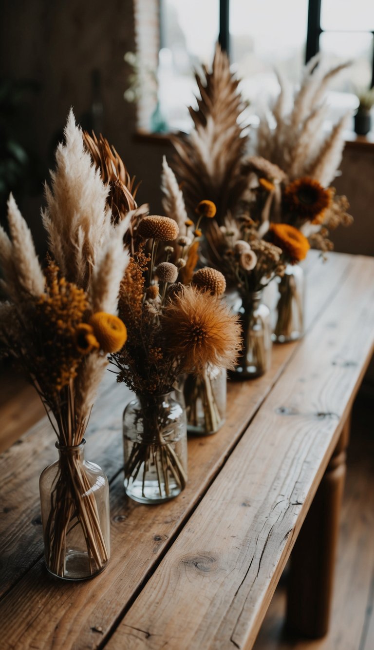 A rustic wooden table adorned with bohemian dried flower bouquets in earthy hues