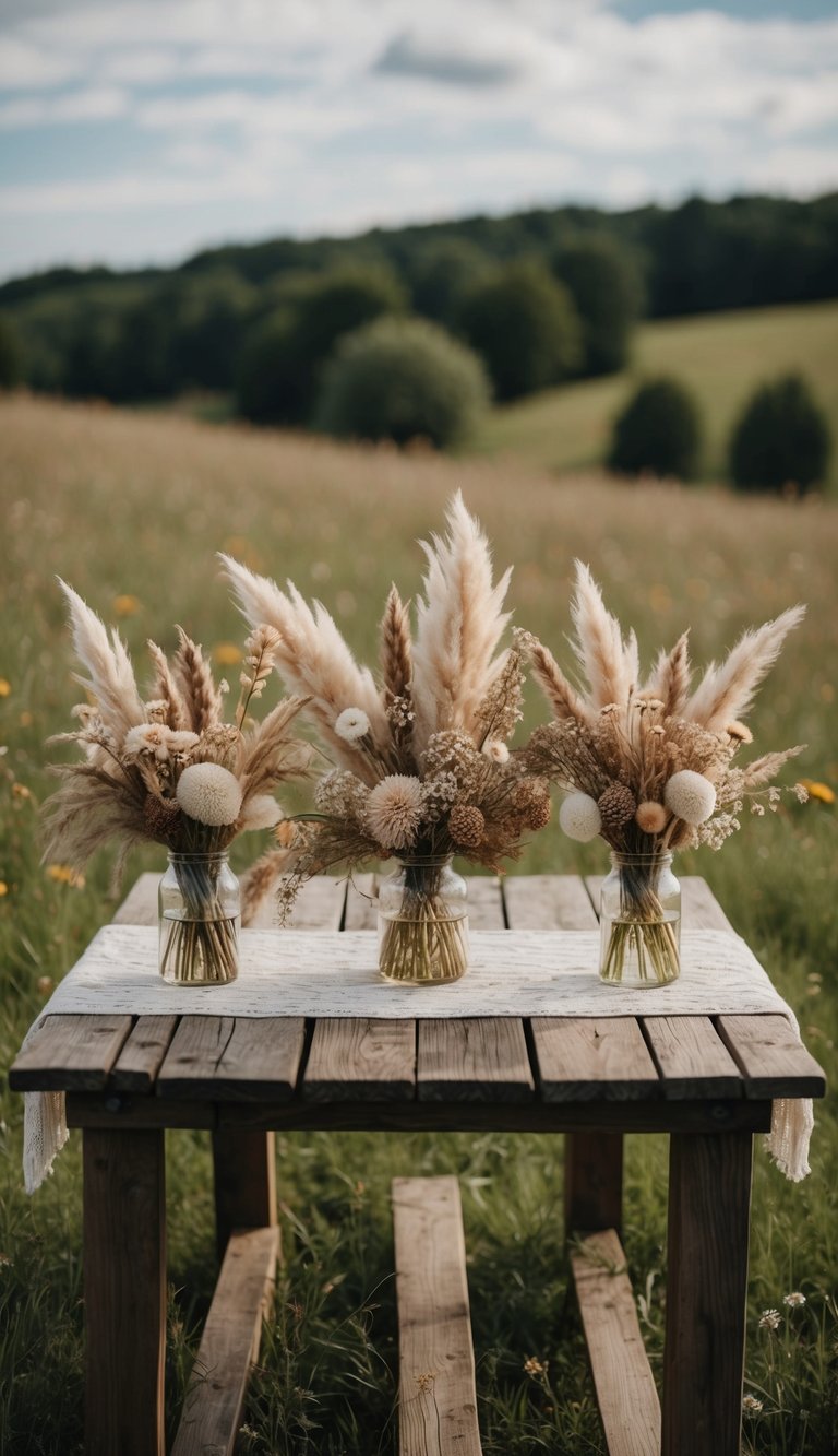 A rustic wooden table adorned with boho dried flower arrangements in a meadow setting