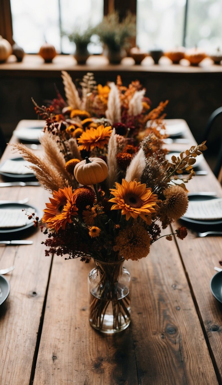 A rustic wooden table adorned with a variety of dried flowers in warm autumn hues, arranged in a bohemian style
