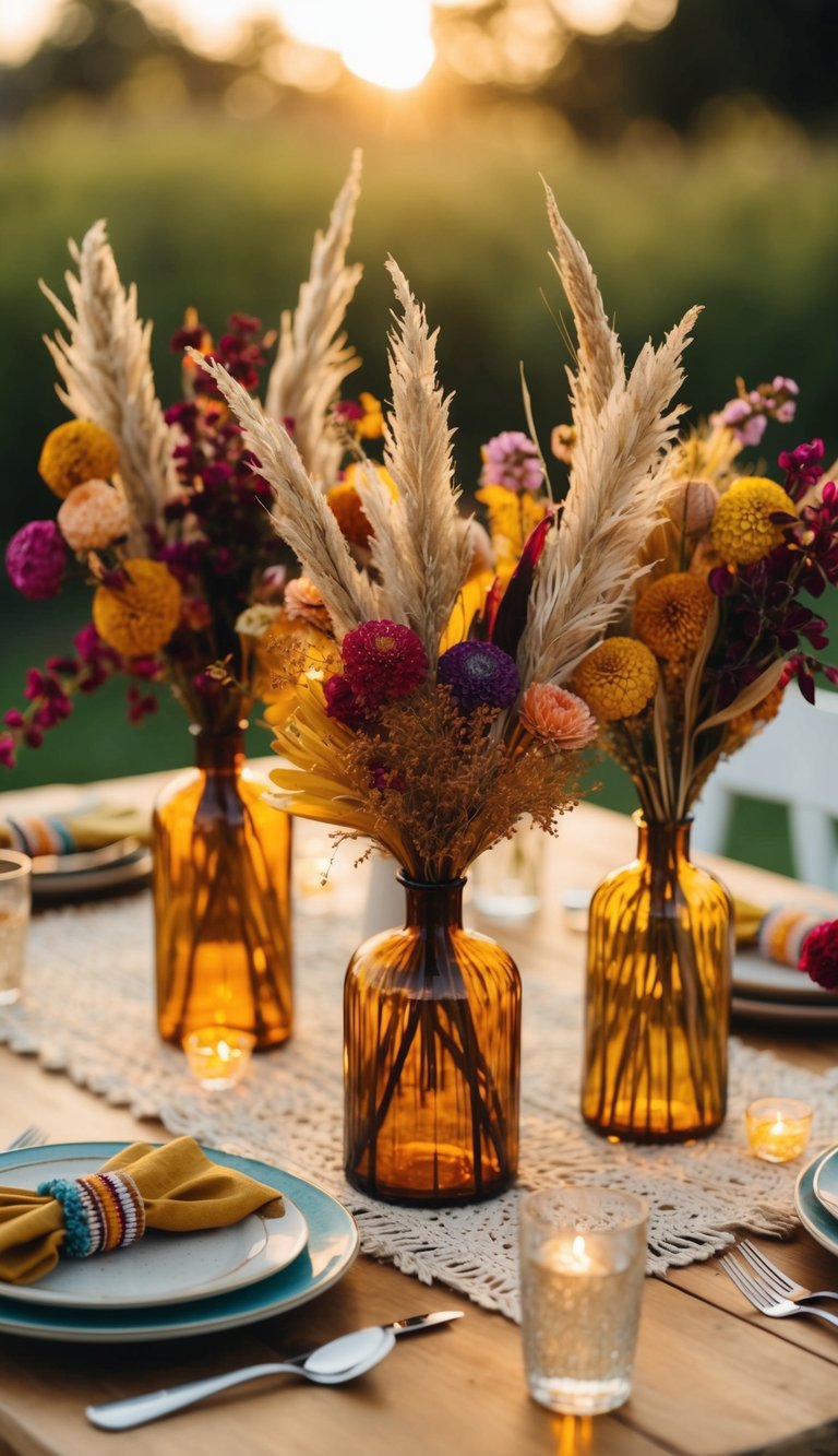 A table adorned with vibrant boho dried flower arrangements in a warm, golden glow