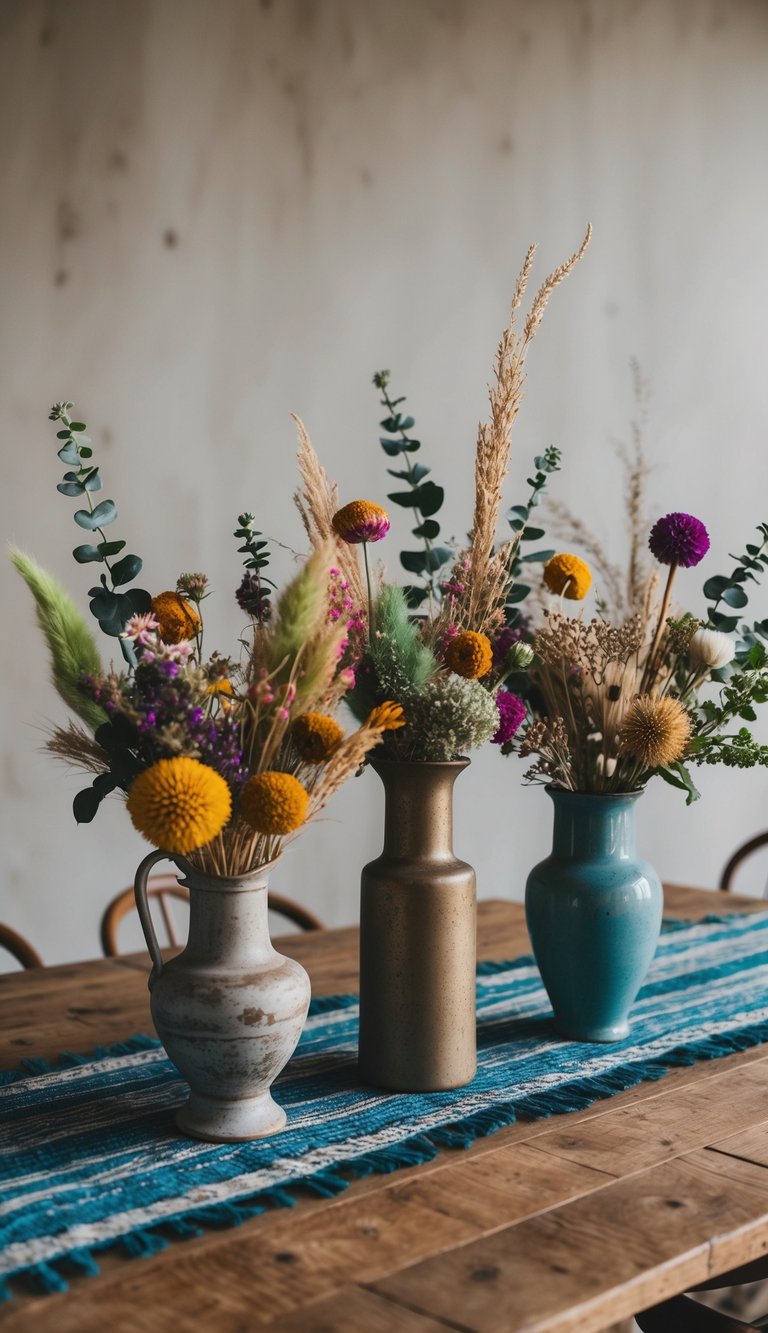A rustic wooden table adorned with colorful dried flowers and greenery in vintage vases, creating a bohemian and harmonious atmosphere