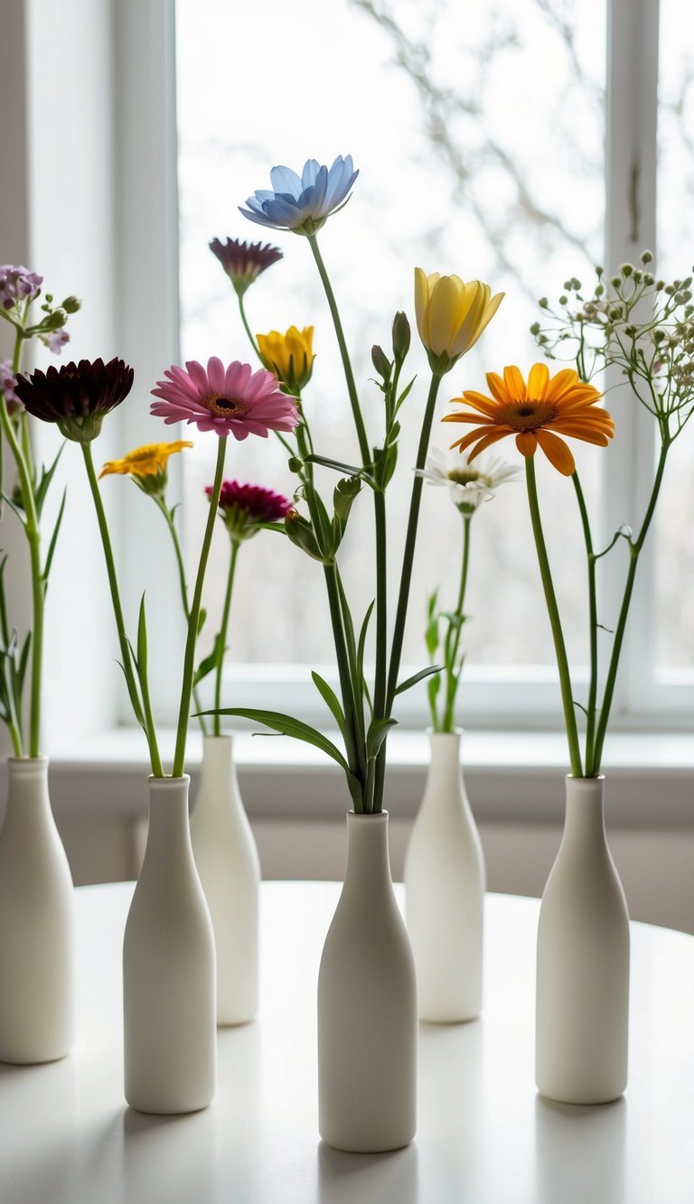 A white table with 10 simple vases holding single stems of various flowers, surrounded by natural light