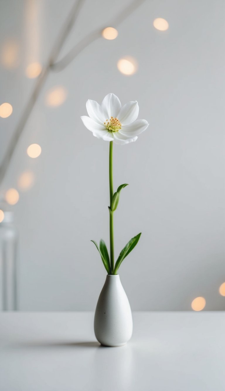 A single stem of a delicate flower in a simple vase against a clean, uncluttered backdrop