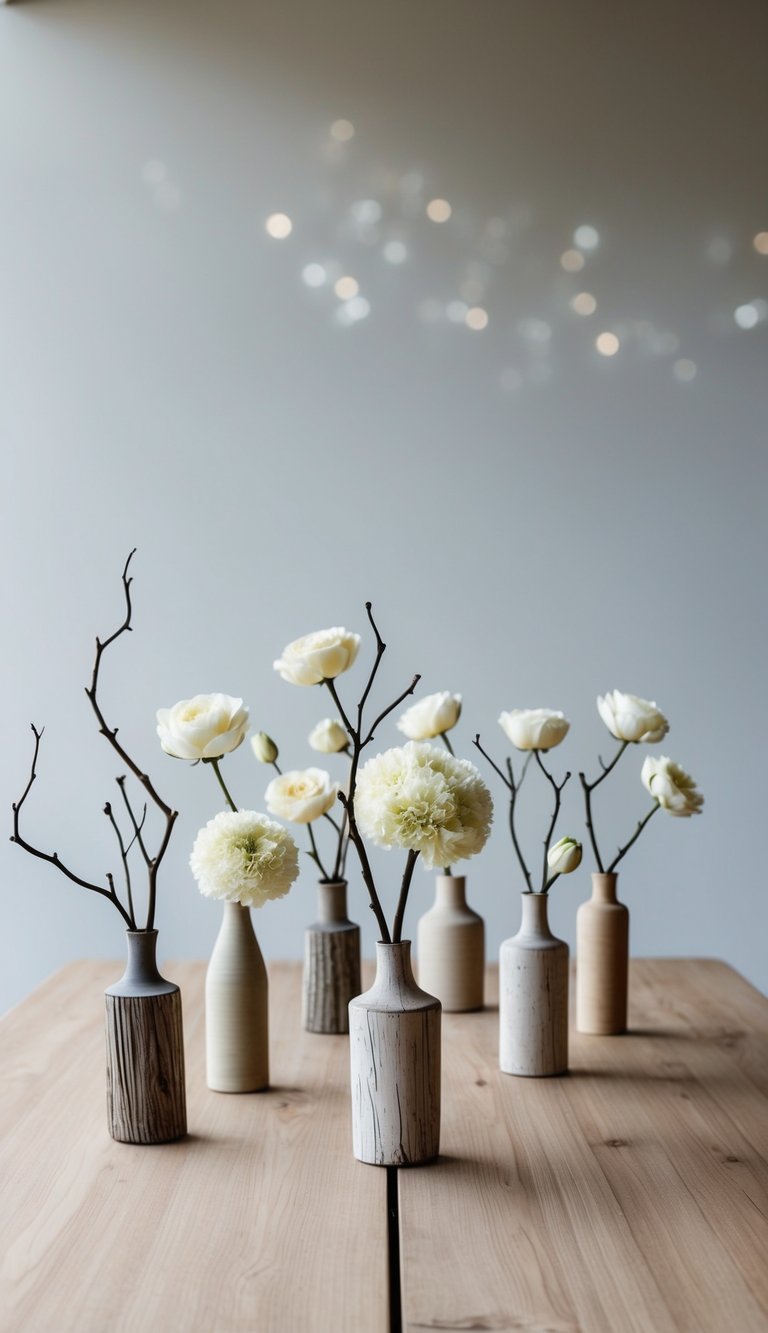 A simple wooden table adorned with ten elegant, minimalist flower arrangements, each placed in a rustic, branch-inspired vase