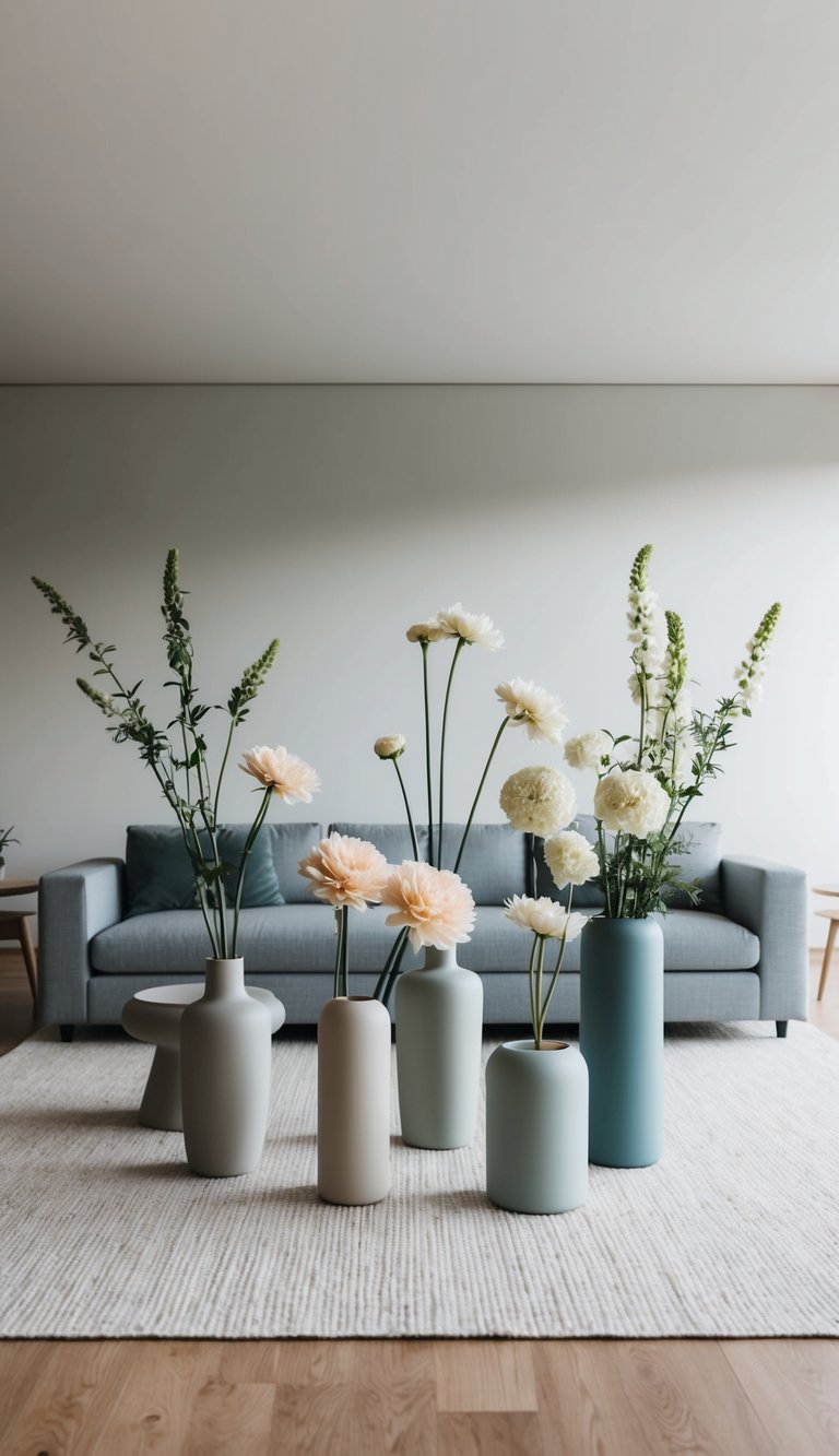 A serene, modern living room with 10 simple, elegant flower arrangements in various vases, placed strategically around the space