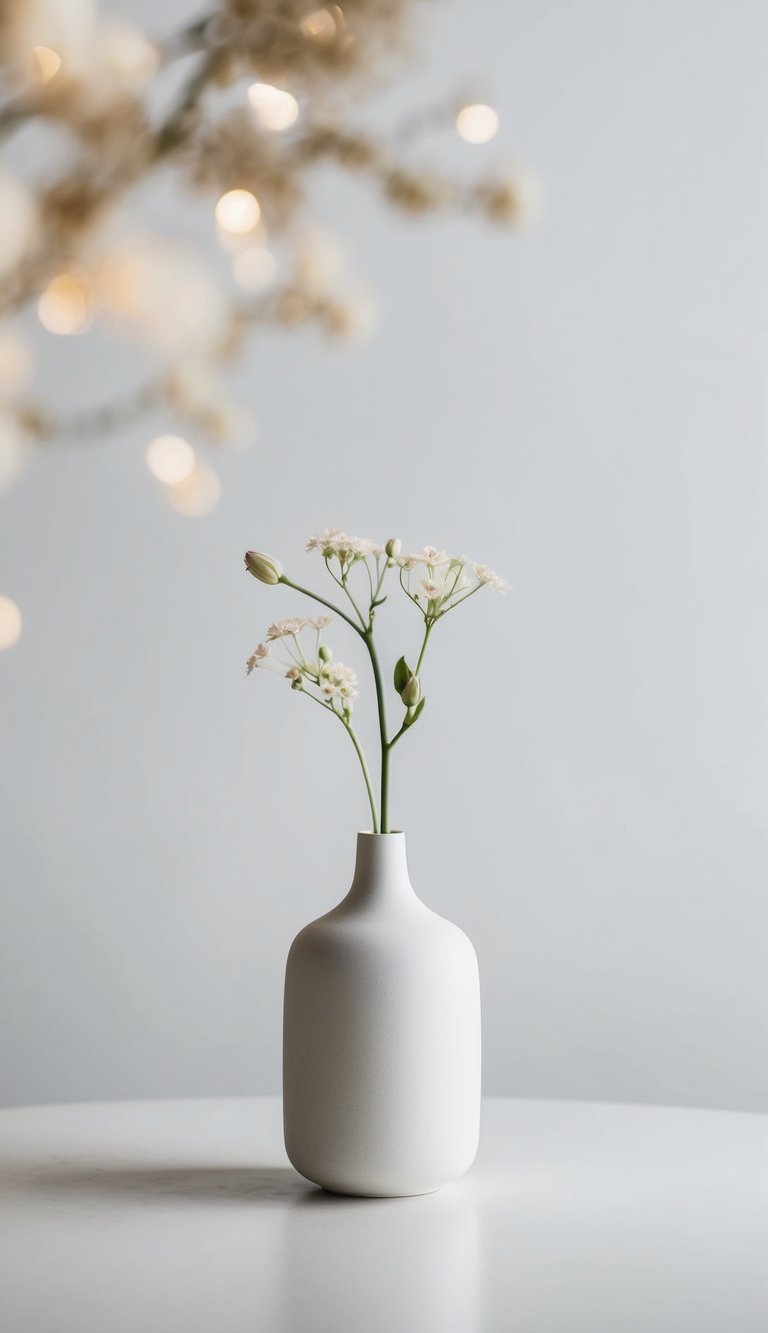 A simple, modern vase holds a single stem with a few delicate blooms, set against a clean, uncluttered background