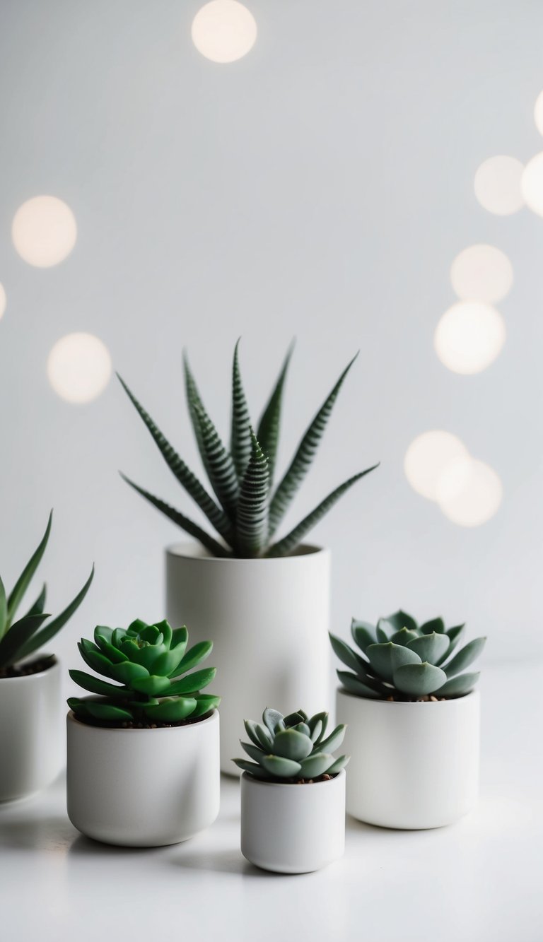 A collection of small succulent plants arranged in minimalist, modern containers, set against a clean, white backdrop