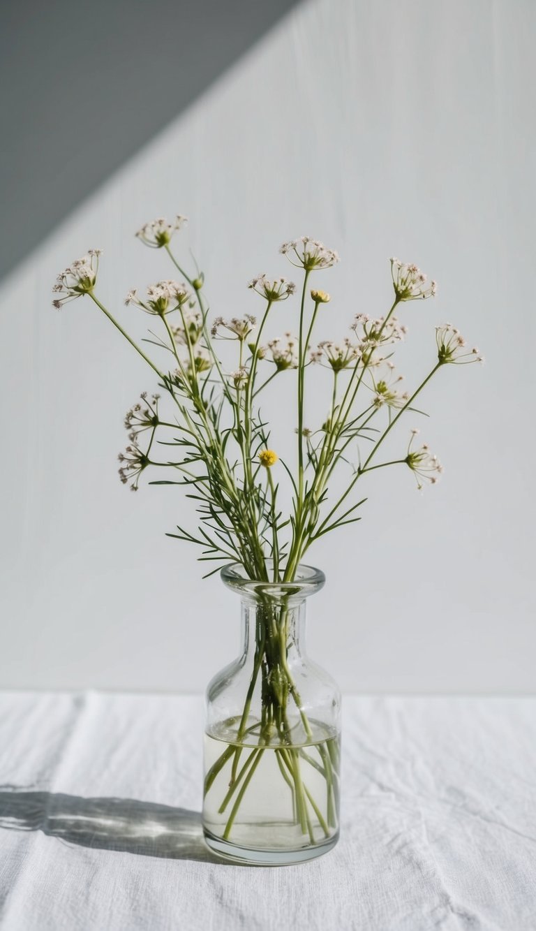 A small glass vase holds a cluster of delicate wildflowers, set against a clean, white backdrop. Subtle shadows create depth and contrast