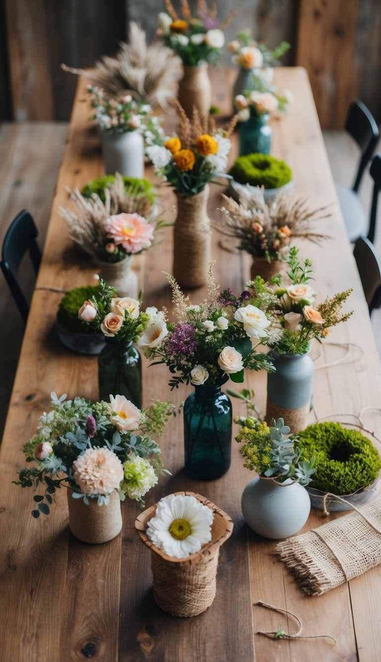 A wooden table with 10 unique rustic flower arrangements in various vases and containers, surrounded by natural elements like twine, moss, and burlap