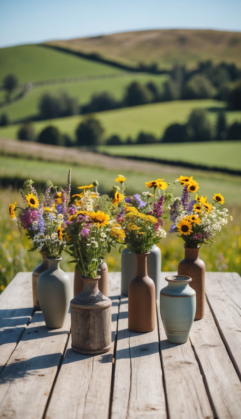 A wooden table with 10 wildflower bouquets in various rustic vases, set against a backdrop of a countryside landscape with rolling hills and a clear blue sky