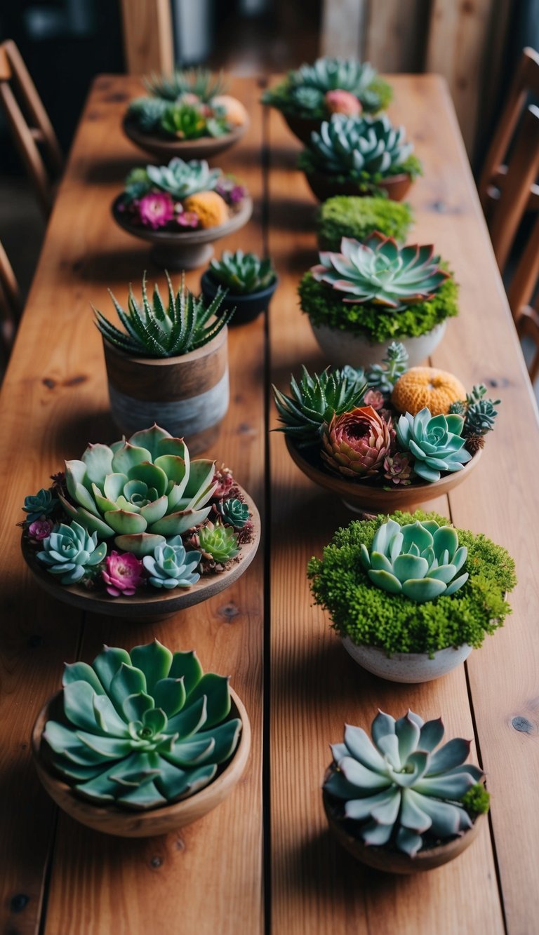 A wooden table adorned with 10 unique rustic flower arrangements, featuring a variety of succulent accents in different shapes and sizes