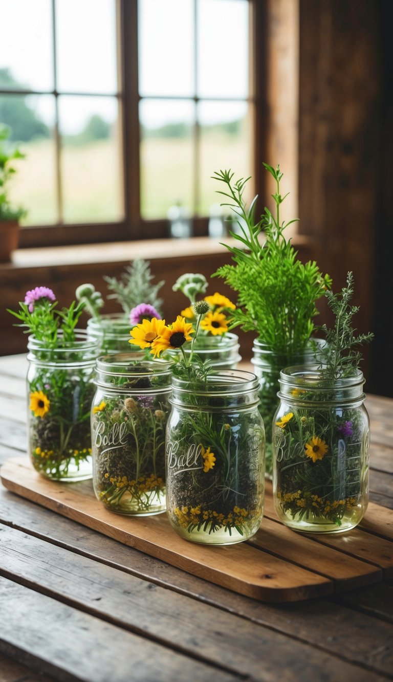 A wooden table with 10 mason jars filled with wildflowers, herbs, and greenery in a rustic setting