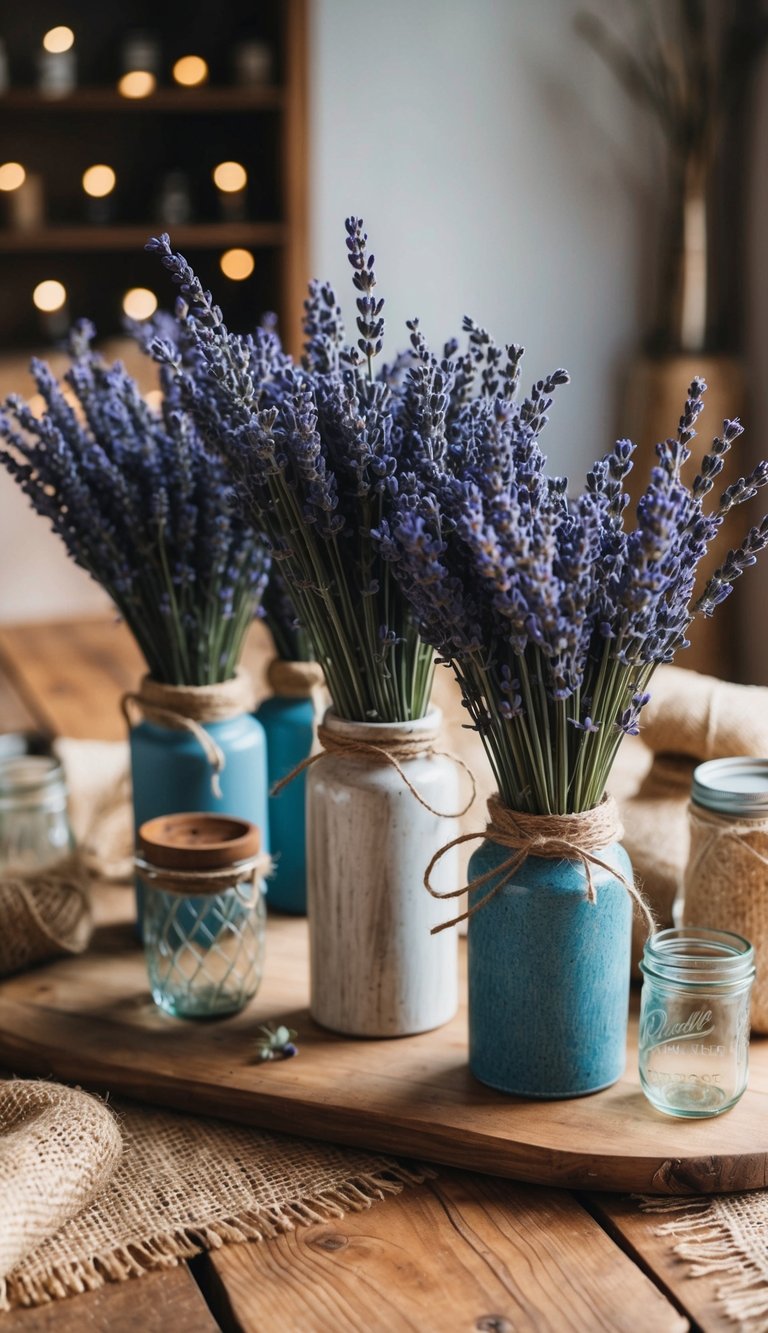 A wooden table with 10 dried lavender bunches in rustic vases, surrounded by natural elements like twine, burlap, and vintage jars