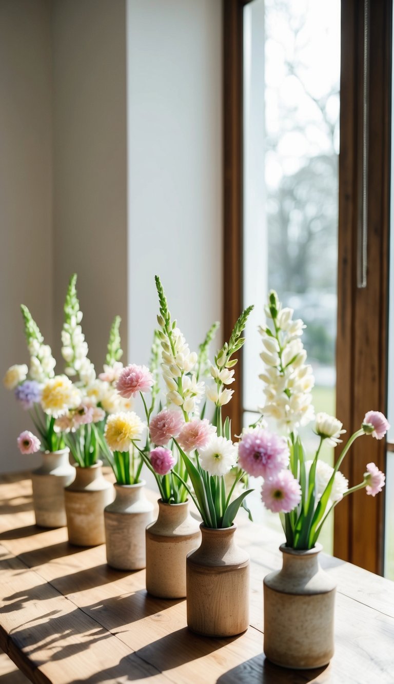 A wooden table adorned with 10 pastel spring flower arrangements in rustic vases. Sunlight streaming in through a nearby window highlights the delicate blooms